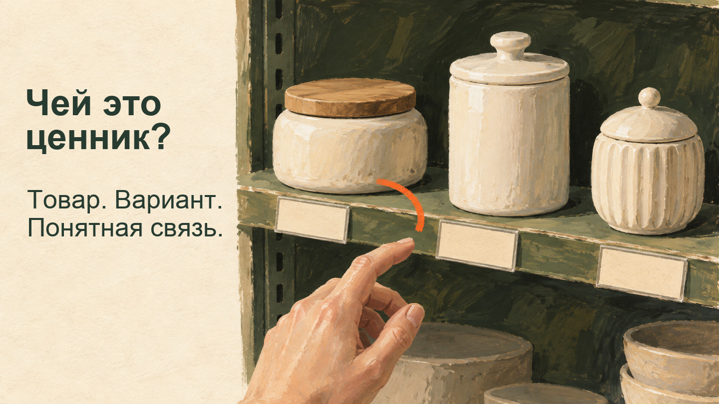 Рука выбирает между банками и смещёнными карточками; заголовок «Чей это ценник?».