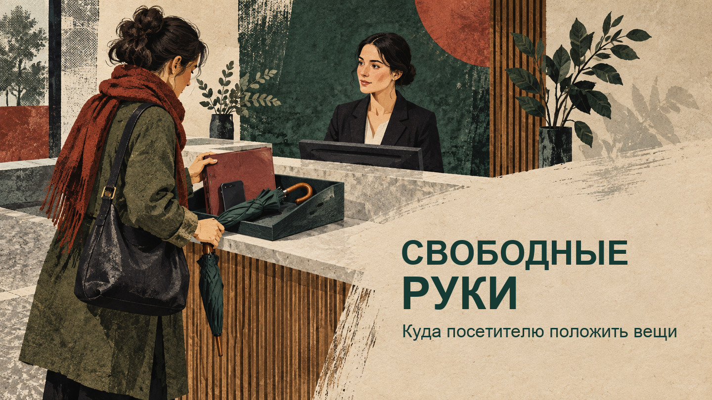 Посетитель у стойки кладёт телефон, папку и зонт на видимое временное место, освобождая руки для разговора