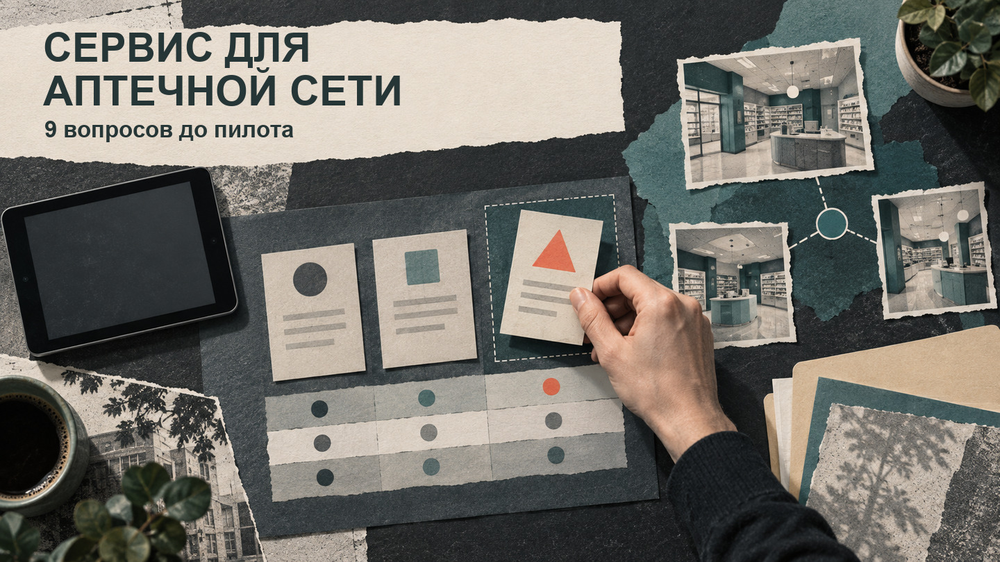 Стол закупщика с планшетом, карточками решения и схемой нескольких аптек перед пилотом музыкального сервиса